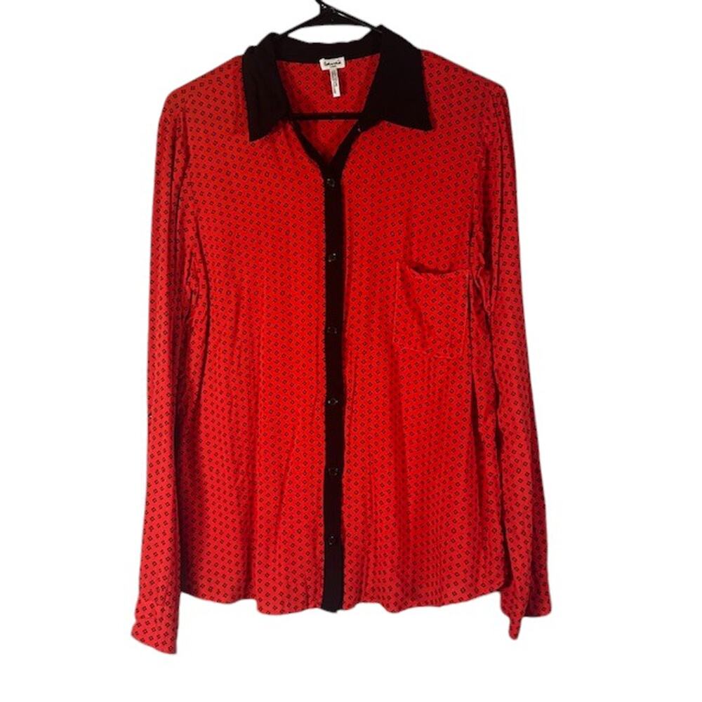 Splendid Red Black Collared Floral Long Sleeve Button Down Blouse Women Sz L